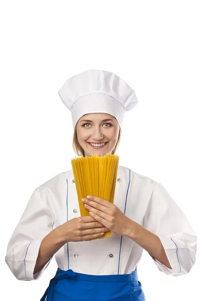 Jalá con espaguetis en las manos sobre fondo blanco — Foto de Stock
