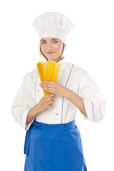 Όμορφη κοπέλα μάγειρας στο στούντιο. λευκό φόντο — Φωτογραφία Αρχείου