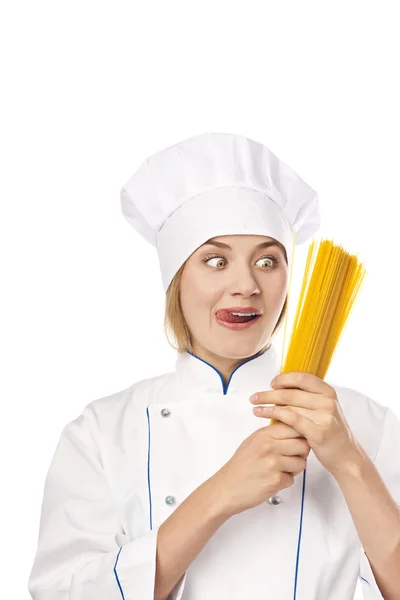 Mujer Sonriente Cocinera Uniforme Blanco Sombrero Con Estudio —  Fotos de Stock