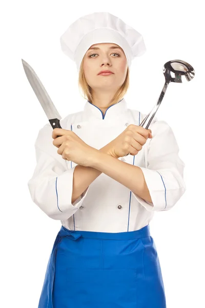 Aantrekkelijke cook vrouw een witte achtergrond — Stockfoto