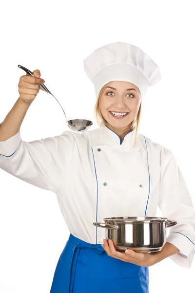 Μάγειρας ελκυστική γυναίκα πάνω από ένα λευκό φόντο — Φωτογραφία Αρχείου