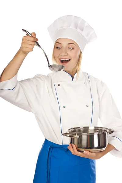 Young chef has prepared a healthy salad — Stock Photo, Image