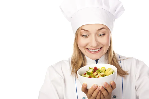 Healthy meal. Cook woman. Studio white — Stock Photo, Image