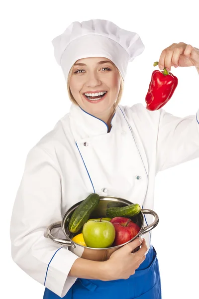 Portré a sikeres női szakács felett fehér háttér — Stock Fotó