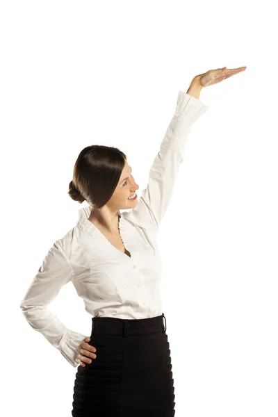 Attractive business woman shows your text — Stock Photo, Image