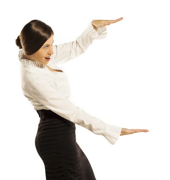 Businesswoman pointing at empty copyspace — Stock Photo, Image