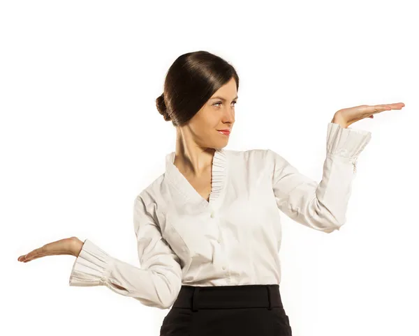 Showing woman. two hands empty for product or text — Stock Photo, Image