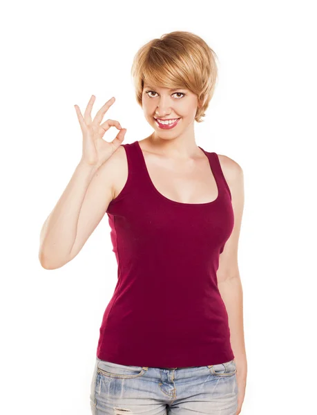 Attractive woman in a red T-shirt — Stock Photo, Image