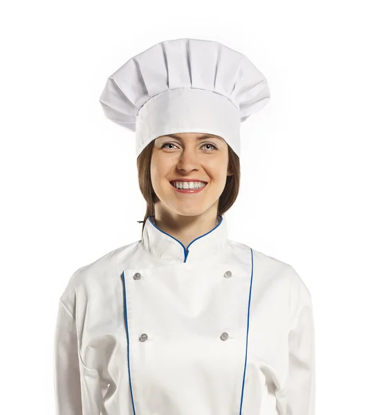 Fiatal női szakács látszó-on fényképezőgép, és mosolyogva — Stock Fotó