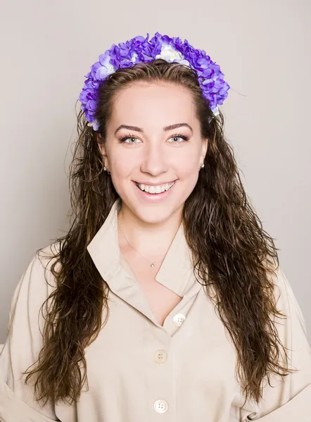 Tender beauty portrait, floral wreath in hair — Stock Photo, Image