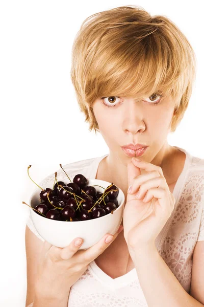 Bionda con una dolce ciliegia — Foto Stock