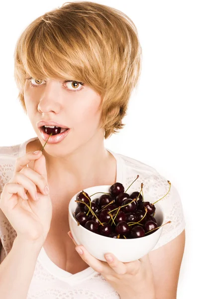 Young attractive girl with cherries — Stock Photo, Image