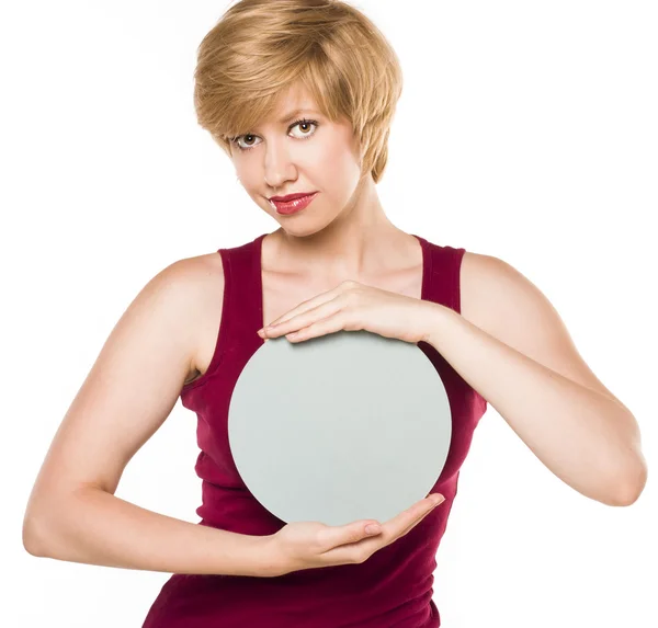 Beautiful young woman showing blank signboard — Stock Photo, Image