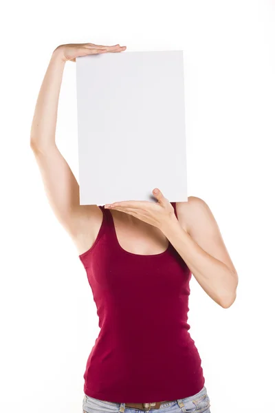 Young woman showing blank signboard — Stock Photo, Image