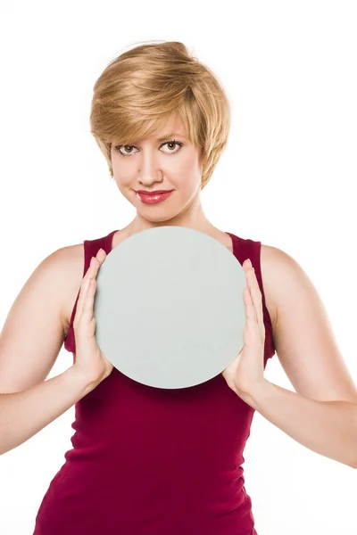 Blonde holding a blank poster. your text here — Stock Photo, Image