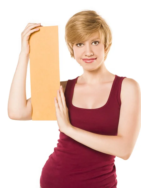 Blonde holding a blank poster. your text here — Stock Photo, Image