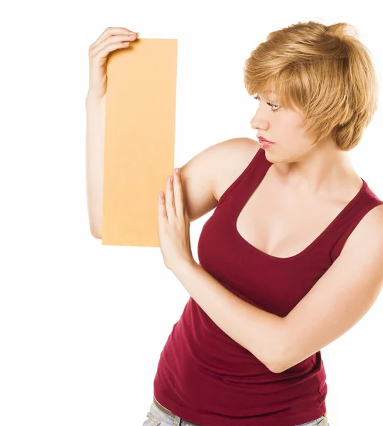 Blonde holding a blank poster. — Stock Photo, Image