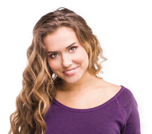Curly brunette in the studio. smile — Stock Photo, Image