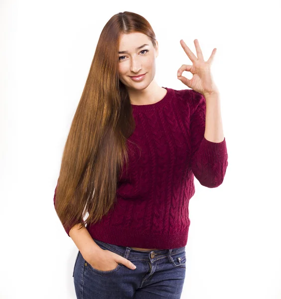 Glad kvinna högskolestudent visar tummen — Stockfoto