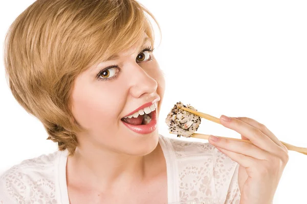 Attractive girl with sushi and roll — Stock Photo, Image