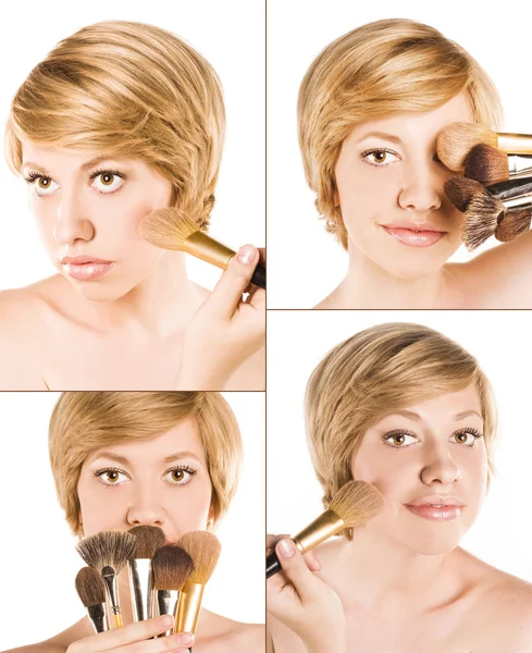 Красивая женщина с кисточками для макияжа рядом с привлекательным лицом — стоковое фото