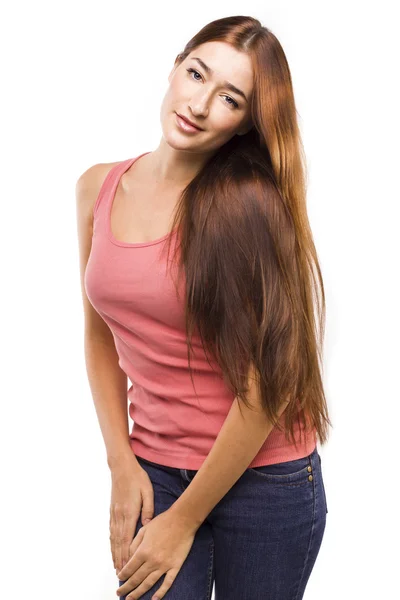 Estudante em um fundo branco. cabelo liso — Fotografia de Stock