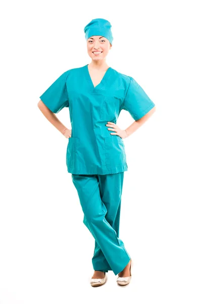 Kvinnlig praktikant sjuksköterska isolerad på vit bakgrund — Stockfoto
