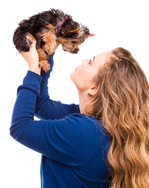 Woman and her dog, studio shot — Stock Photo, Image