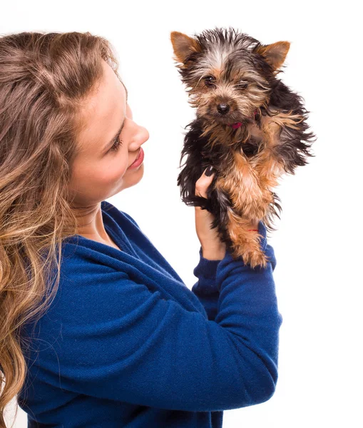Woman with a little puppy. isolated over white — Stock Photo, Image