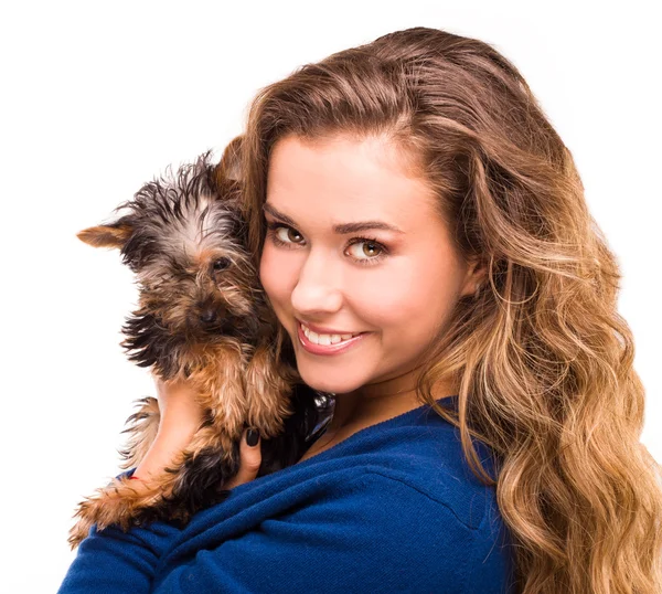 Menina segurando bonito yorkie, isolado no branco — Fotografia de Stock