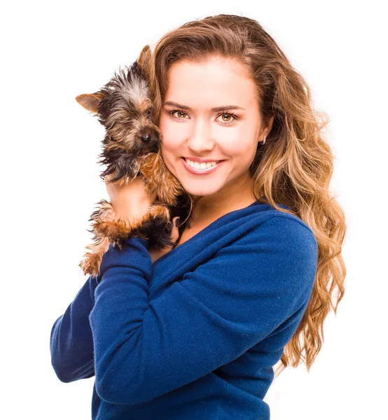 Młoda piękna kobieta z yorkshire terrier — Zdjęcie stockowe