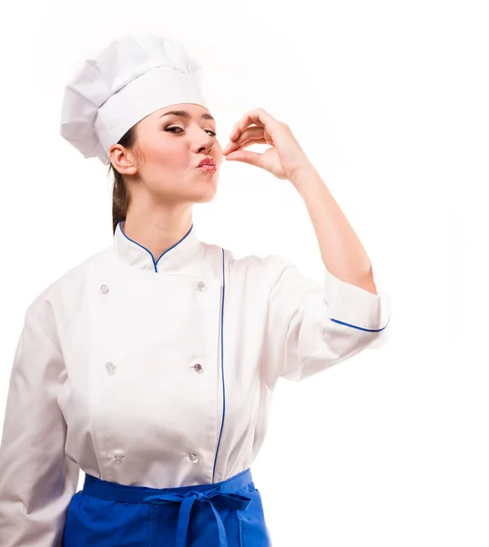 Cozinheiro positivo no fundo branco — Fotografia de Stock