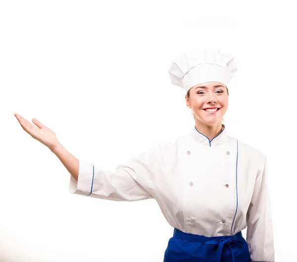 Aşçı kadın. Beyaz arkaplan üzerinde izole edilmiş — Stok fotoğraf