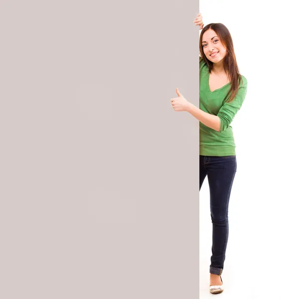 Девушка с плакатом. белый фон — стоковое фото