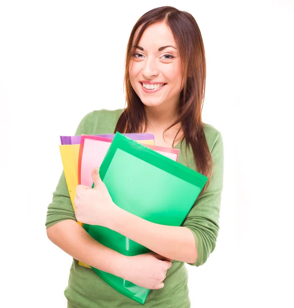 Brunette with textbooks. studio white background — Stock Photo, Image