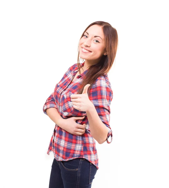 Mooie vrouw weergegeven: ok teken tegen witte achtergrond — Stockfoto