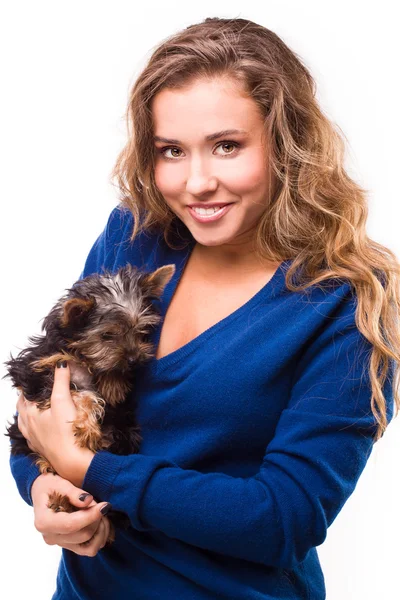 Молода жінка тримає собаку Йоркширський тер'єр — стокове фото