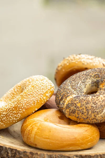 Variety Assorted Authentic New York Style Bagels Seeds Wood — Stock Photo, Image