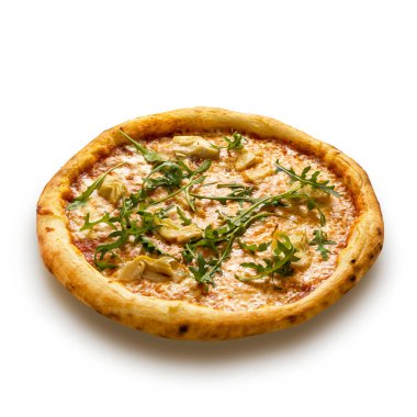 pizza with different types of cheese on a white background