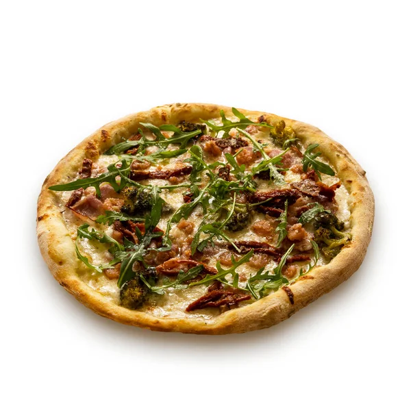 pizza with broccoli, shrimp on white