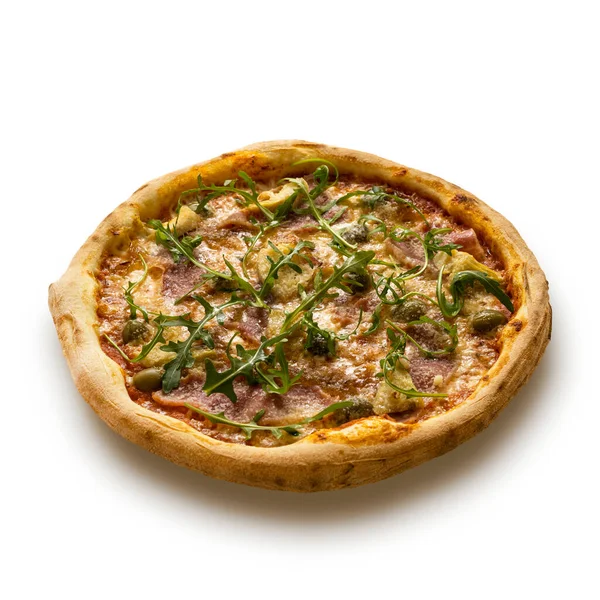 Meat pizza. Mozzarella cheese, Ham, Smoked brisket, Pepperoni sausages