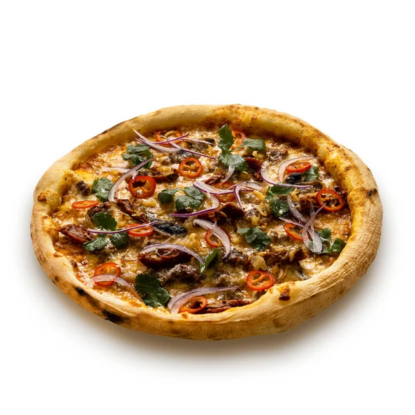 Italian pizza with meat isolated on white background