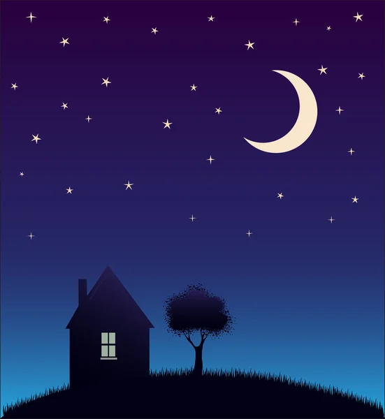 evim, ağaç ve gece gökyüzü yıldızlar ve ay ile