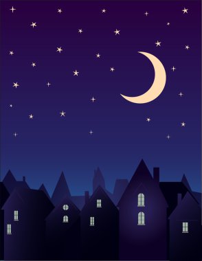 şehir ve gece gökyüzünde yıldızlar ve ay ile silüeti.
