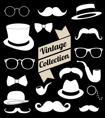 vintage öğeler koleksiyonu ayarla. şapka, gözlük, bıyık, yay