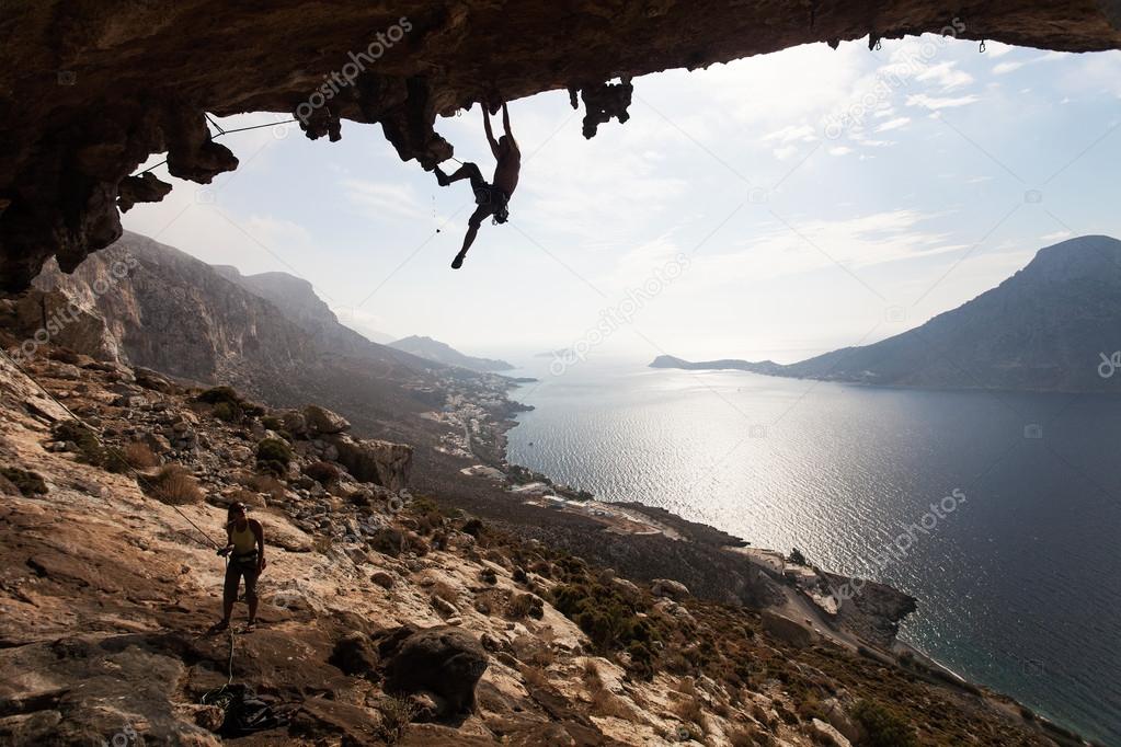 Rock climber climbing at the rock , Kalymnos Island, Greece