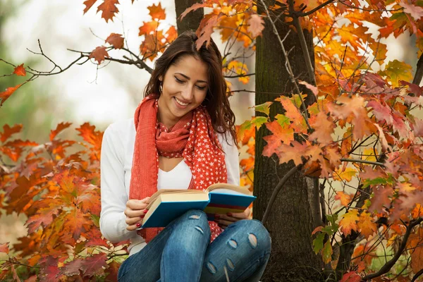 Jovem leitura livro menina no parque de outono — Fotografia de Stock