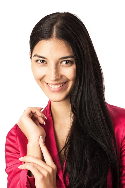 Close-up van lachende jonge vrouw over Wit — Stockfoto