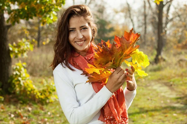 Jong meisje met herfstbladeren in hand op zonnige dag — Stockfoto