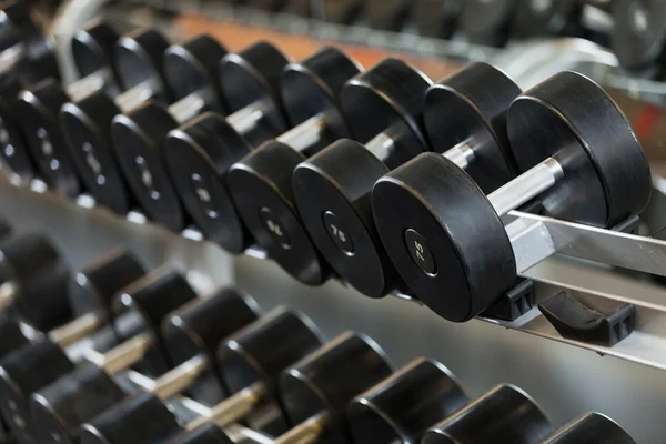 Vista de filas de mancuernas en un estante en un gimnasio — Foto de Stock